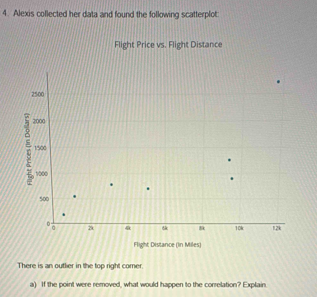 Alexis collected her data and found the following scatterplot: 
Flight Price vs. Flight Distance 
There is an outlier in the top right corner. 
a) If the point were removed, what would happen to the correlation? Explain.