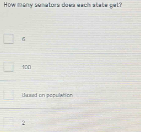 How many senators does each state get?
6
100
Based on population
2