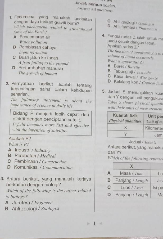 Jawab semua soalan.
Answer all questions.
1. Fenomena yang manakah berkaitan C Ahli geologi / Geologist
dengan daya tarikan graviti bumi? D Ahli farmasi / Pharmacist
Which phenomena related to gravitational
force of the Earth?
4. Fungsi radas Z ialah untuk m
A Pencemaran air padu cecair dengan tepat.
Water pollution Apakah radas Z?
B Pembiasan cahaya The function of apparatu i to 
Light refraction volume of liquid accurately.
C Buah jatuh ke tanah What is apparatus Z?
A fruit falling to the ground A Buret / Burette
D Pertumbuhan manusia B Tabung uji / Test tube
The growth of human C Kasa dawai / Wire gauze
D Kelalang kon / Conical flas
2. Pernyataan berikut adalah tentang
kepentingan sains dalam kehidupan 5. Jadual 5 menunjukkan kua
seharian. dan Y dengan unit pengukura
The following statement is about the Table 5 shows physical quanti
importance of science in daily life. with their units of measurement
Bidang P menjadi lebih cepat dan r
efektif dengan penciptaan satelit. m
P field becomes more fast and effectiveer
with the invention of satellite.
Apakah P? Jadual / Table 5
What is P? Antara berikut, yang manaka
A Industri / Industry dan Y?
B Perubatan / Medical Which of the following represe
C Pembinaan / Construction
D Komunikasi / Communication
u
3. Antara berikut, yang manakah kerjaya s
berkaitan dengan biologi? a
Which of the following is the career related 
to biology? a
A Jurutera / Engineer
B Ahli zoologi / Zoologist
1