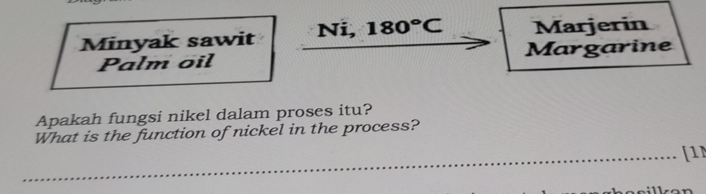 Ni, 180°C
Minyak sawit Marjerin 
Palm oil Margarine 
Apakah fungsi nikel dalam proses itu? 
What is the function of nickel in the process? 
_[1]