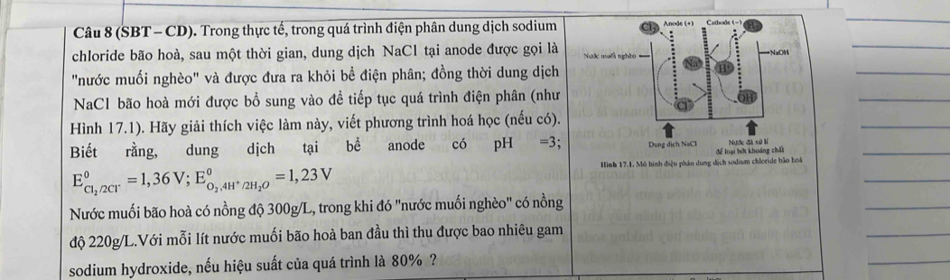 (SBT - CD). Trong thực tế, trong quá trình điện phân dung dịch sodium 
chloride bão hoà, sau một thời gian, dung dịch NaCl tại anode được gọi là Nước muối nghềo →NaOH 
"nước muối nghèo" và được đưa ra khỏi bể điện phân; đồng thời dung dịch 
NaC1 bão hoà mới được bổ sung vào đề tiếp tục quá trình điện phân (như 
Hình 17.1). Hãy giải thích việc làm này, viết phương trình hoá học (nếu có). 
Biết rằng, dung dịch tại bể anode có pH = 3; Dung dịch NaCl Nước đã sử lí 
Tể loại bởi khoáng chất 
Hình 17.1. Mô hình điện phản dung dịch sodium chloride bão hoà
E_Cl_2/2Cl^-^circ =1,36V; E_O_2,4H^+/2H_2O^circ =1,23V
Nước muối bão hoà có nồng độ 300g/L, trong khi đó "nước muối nghèo" có nồng 
độ 220g/L.Với mỗi lít nước muối bão hoà ban đầu thì thu được bao nhiêu gam 
sodium hydroxide, nếu hiệu suất của quá trình là 80% ?