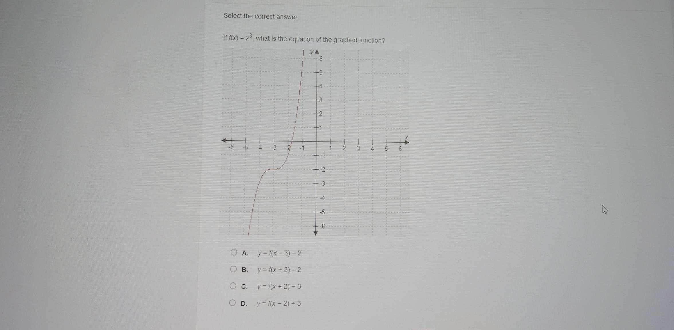 Select the correct answer.
f(x)=x^3 , what is the equation of the graphed function?
A. y=f(x-3)-2
B. y=f(x+3)-2
C. y=f(x+2)-3
D. y=f(x-2)+3