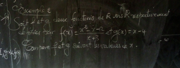 cloxemplee 
Soir fit a class fori turis do RSQufecturemeand 
dinies fur f(x)= (x^3-x-2)/x+3  c a(x)=x-4
Leokf 
Campare fet g out ant las caleves ck x.