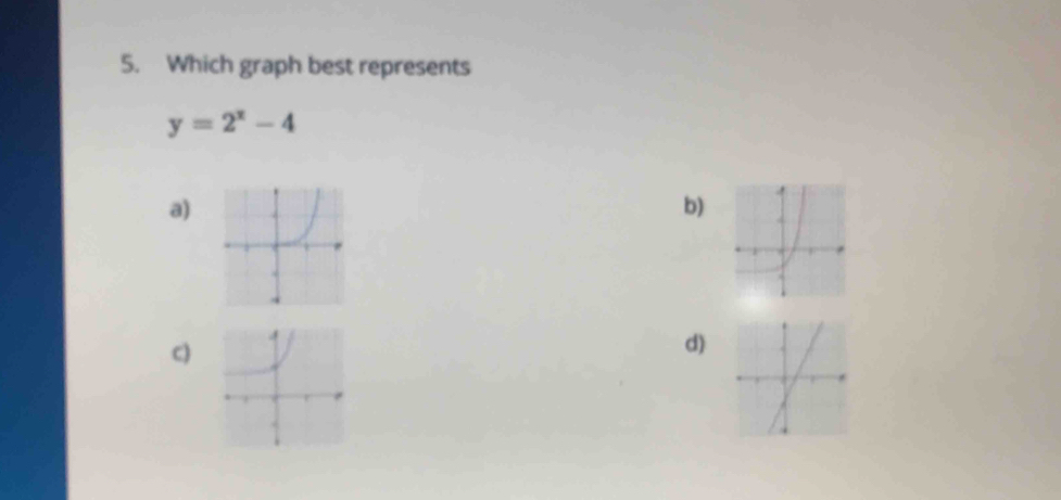 Which graph best represents
y=2^x-4
a) 
b) 
C) 
d)