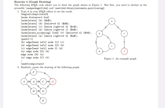 (Graph Drawing) 
The following ETgX code allows you to draw the graph shown in Figure 1. But first, you need to declare in the 
preamble usepackage  tikz and usetikzlibraryautomata,positioning. 
IMEX editor to see the result. 
1. Type it in your begintikzpictureX 
[mode distand q=1 . 5cm ] 
mode [state] (b) $b$; 
mode [state] mode [state] (c) [below right=of b] (d) [below=of b] $d;
 t|-1 : 
mode[state] (e) [above right=of c]  $,$
mode[state,accepting] [red] (f) [below-of e] [sfs] : 
mode[state] (a) [above right=of b]  Sa$
[->]
path (b) edge[bend 1eft] node (1 ) (c) 
(d) edge[bend left] node (2) (b) 
(c) edge[bend left] node  (d) 
edge node 5(e) (a) edge node 3 (b) 
(e) edge node 7 (f) Figure 1: An example graph 
endtikzpicture 
2. Similarly, create the drawing of the following graph: