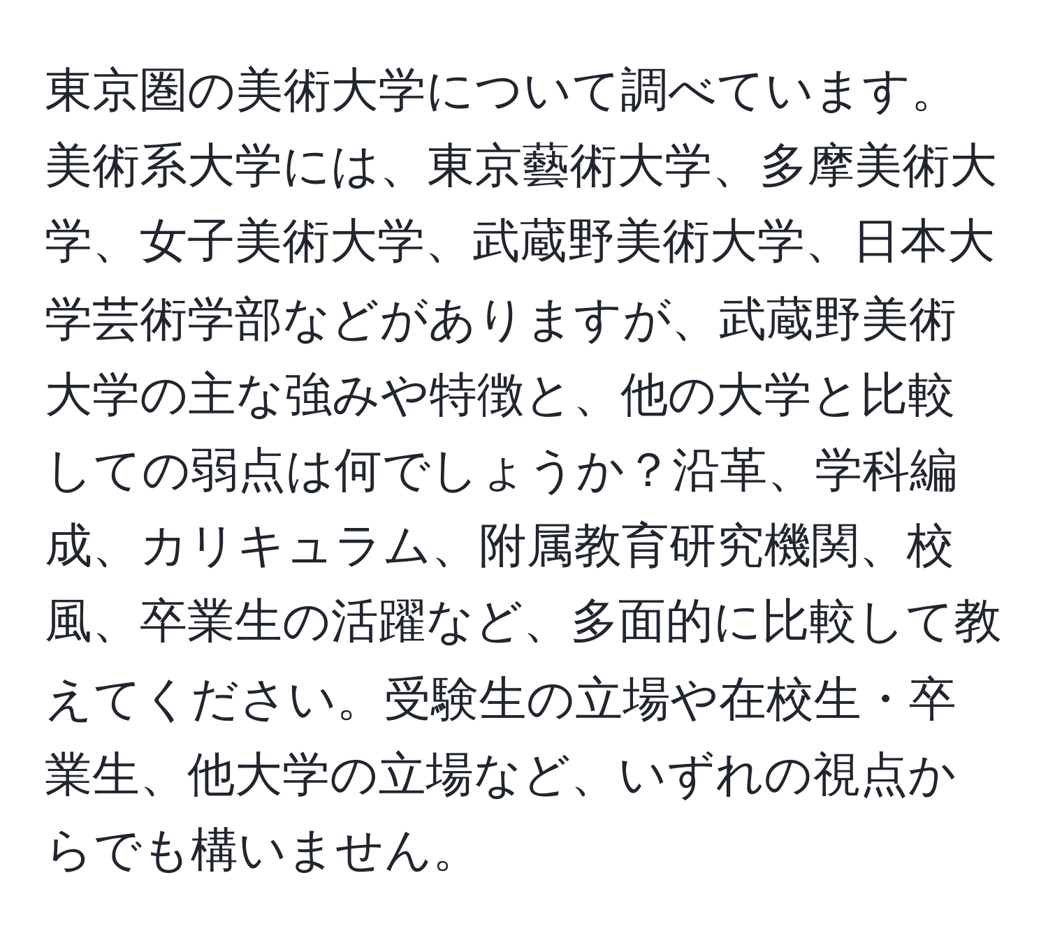 東京圏の美術大学について調べています。美術系大学には、東京藝術大学、多摩美術大学、女子美術大学、武蔵野美術大学、日本大学芸術学部などがありますが、武蔵野美術大学の主な強みや特徴と、他の大学と比較しての弱点は何でしょうか？沿革、学科編成、カリキュラム、附属教育研究機関、校風、卒業生の活躍など、多面的に比較して教えてください。受験生の立場や在校生・卒業生、他大学の立場など、いずれの視点からでも構いません。