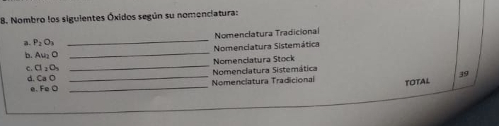 Nombro los siguientes Óxidos según su nomenciatura: 
_ 
a. P_2O_3 _Nomenclatura Tradicional 
Nomenciatura Sistemática 
b. Au_2O
c. Cl_2O_5 _Nomenciatura Stock 
_ 
d. CaO _Nomenclatura Sistemática 
Nomenclatura Tradicional 39 
TOTAL 
e. FeO