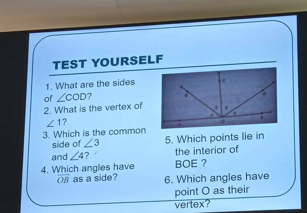 TEST YOURSELF 
1. What are the sides 
of ∠ COD ? 
2. What is the vertex of
∠ 1 ? 
3. Which is the common 
side of ∠ 3 5. Which points lie in 
and ∠ 4 ? the interior of 
4. Which angles have BOE ?
vector OB as a side? 
6. Which angles have 
point O as their 
vertex?