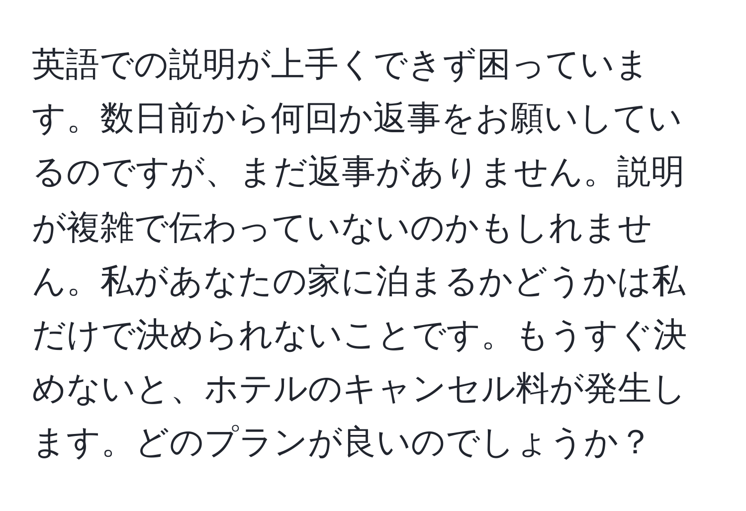 英語での説明が上手くできず困っています。数日前から何回か返事をお願いしているのですが、まだ返事がありません。説明が複雑で伝わっていないのかもしれません。私があなたの家に泊まるかどうかは私だけで決められないことです。もうすぐ決めないと、ホテルのキャンセル料が発生します。どのプランが良いのでしょうか？