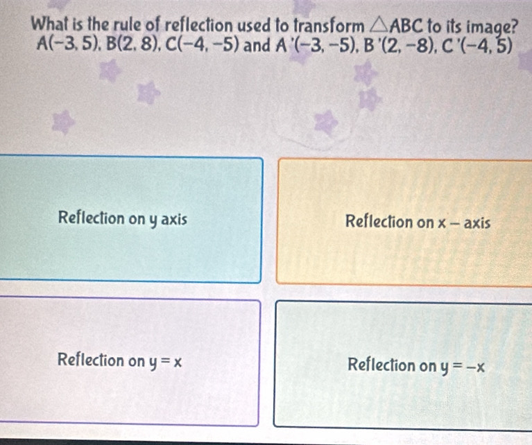 What is the rule of reflection used to transform △ ABC to its image?
A(-3,5), B(2,8), C(-4,-5) and A'(-3,-5), B'(2,-8), C'(-4,5)
Reflection on y axis Reflection on x - axis
Reflection on y=x Reflection on y=-x