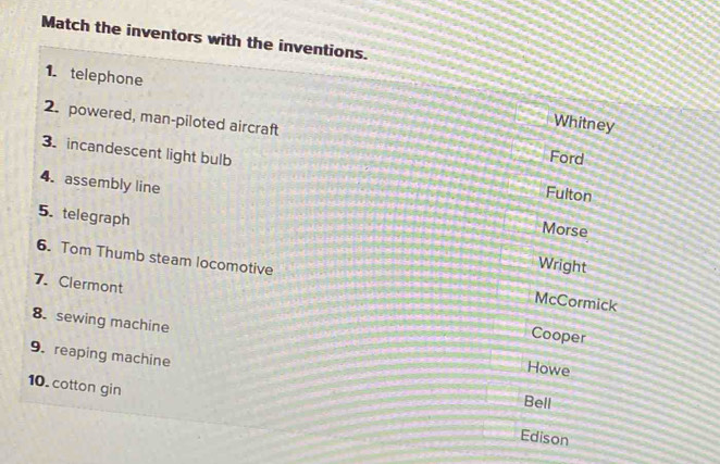Solved: Match the inventors with the inventions. 1. telephone Whitney 2 ...