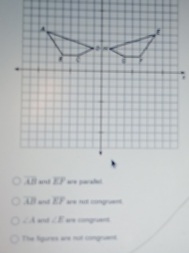 overline AB asdi overline EF are pacalio
overline AB and overline EF are not congruent
∠ A “ ∠ E are congruent
The figures are not congruent