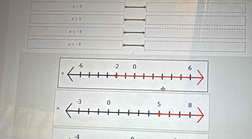 x<3</tex>
x≥ 5
x≤ -4
x>-2

-4