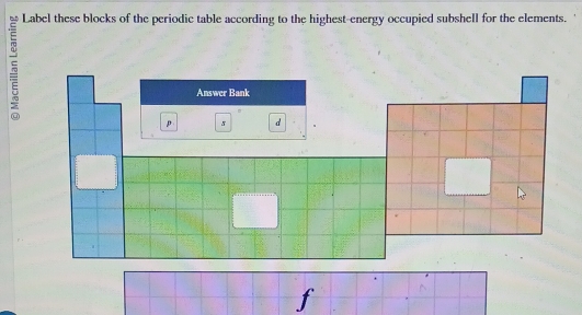 Label these blocks of the periodic table according to the highest-energy occupied subshell for the elements.
10
Answer Bank 
p 5 d
f