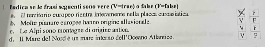 Indica se le frasi seguenti sono vere (V=true) o false (F=false)
a. Il territorio europeo rientra interamente nella placca euroasiatica.
X F
b. Molte pianure europee hanno origine alluvionale. V F
c. Le Alpi sono montagne di origine antica.
F
d. Il Mare del Nord è un mare interno dell’Oceano Atlantico. V F