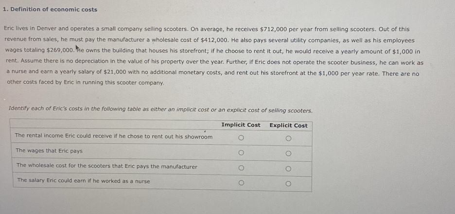 Definition of economic costs 
Eric lives in Denver and operates a small company selling scooters. On average, he receives $712,000 per year from selling scooters. Out of this 
revenue from sales, he must pay the manufacturer a wholesale cost of $412,000. He also pays several utility companies, as well as his employees 
wages totaling $269,000. He owns the building that houses his storefront; if he choose to rent it out, he would receive a yearly amount of $1,000 in 
rent. Assume there is no depreciation in the value of his property over the year. Further, if Eric does not operate the scooter business, he can work as 
a nurse and earn a yearly salary of $21,000 with no additional monetary costs, and rent out his storefront at the $1,000 per year rate. There are no 
other costs faced by Eric in running this scooter company. 
Identify each of Eric’s costs in the following table as either an implicit cost or an explicit cost of selling scooters.