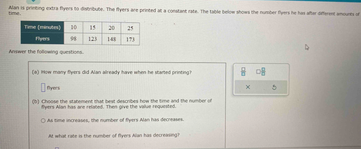 Alan is printing extra flyers to distribute. The flyers are printed at a constant rate. The table below shows the number flyers he has after different amounts of 
time. 
Answer the following questions. 
(a) How many flyers did Alan already have when he started printing?  □ /□   □  □ /□  
□ flyers 
× 5 
(b) Choose the statement that best describes how the time and the number of 
flyers Alan has are related. Then give the value requested. 
As time increases, the number of flyers Alan has decreases. 
At what rate is the number of flyers Alan has decreasing?