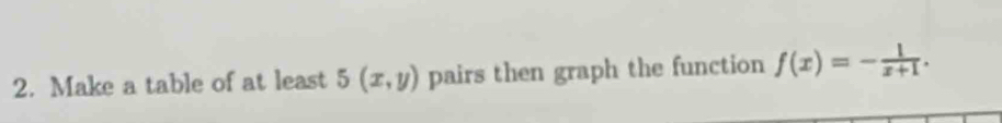 Make a table of at least 5(x,y) pairs then graph the function f(x)=- 1/x+1 .