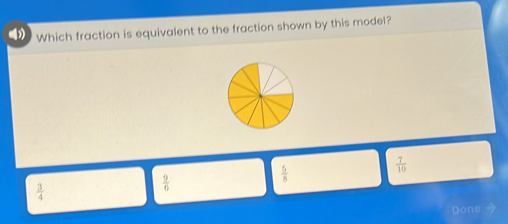 Which fraction is equivalent to the fraction shown by this model?
 5/8 
 7/10 
 3/4 
 9/6 
Done