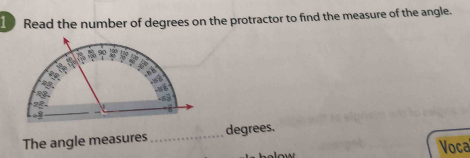 Read the number of degrees on the protractor to find the measure of the angle. 
degrees. 
The angle measures_ 
Voca