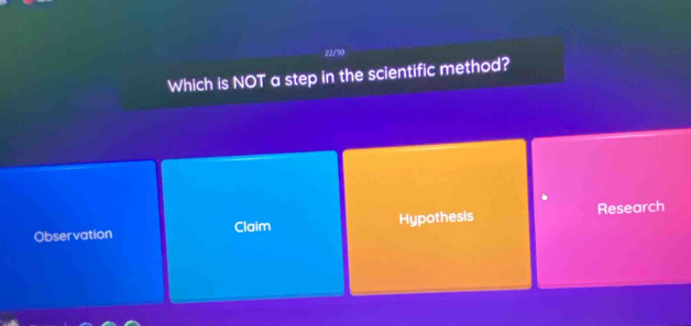 22/30
Which is NOT a step in the scientific method?
Observation Claim Hypothesis Research