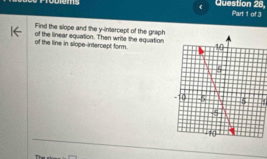 robiems 
Question 28, 
Part 1 of 3 
Find the slope and the y-intercept of the graph 
of the linear equation. Then write the equation 
of the line in slope-intercept form. 
The s