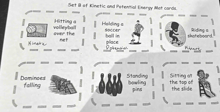 Set B of Kinetic and Potential Energy Mat cards. 
Hitting a 
volleyball Holding a 
soccer Riding a 
over the ball in skateboard. 
Kinetic net 
place 
al 
Kmerc 
Standing Sitting at 
Dominoes bowling the top of 
falling 
pins the slide