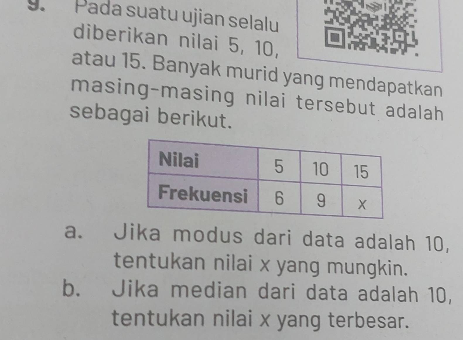 Pada suatu ujian selalu
diberikan nilai 5, 10,
atau 15. Banyak murid yang mendapatkan
masing-masing nilai tersebut adalah
sebagai berikut.
a. Jika modus dari data adalah 10,
tentukan nilai x yang mungkin.
b. Jika median dari data adalah 10,
tentukan nilai x yang terbesar.