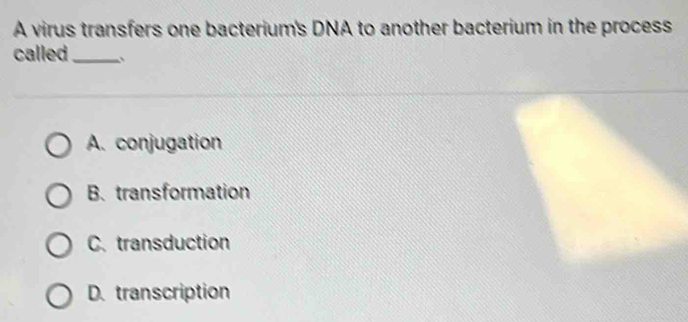 A virus transfers one bacterium's DNA to another bacterium in the process
called_ 、
A. conjugation
B. transformation
C.transduction
D. transcription