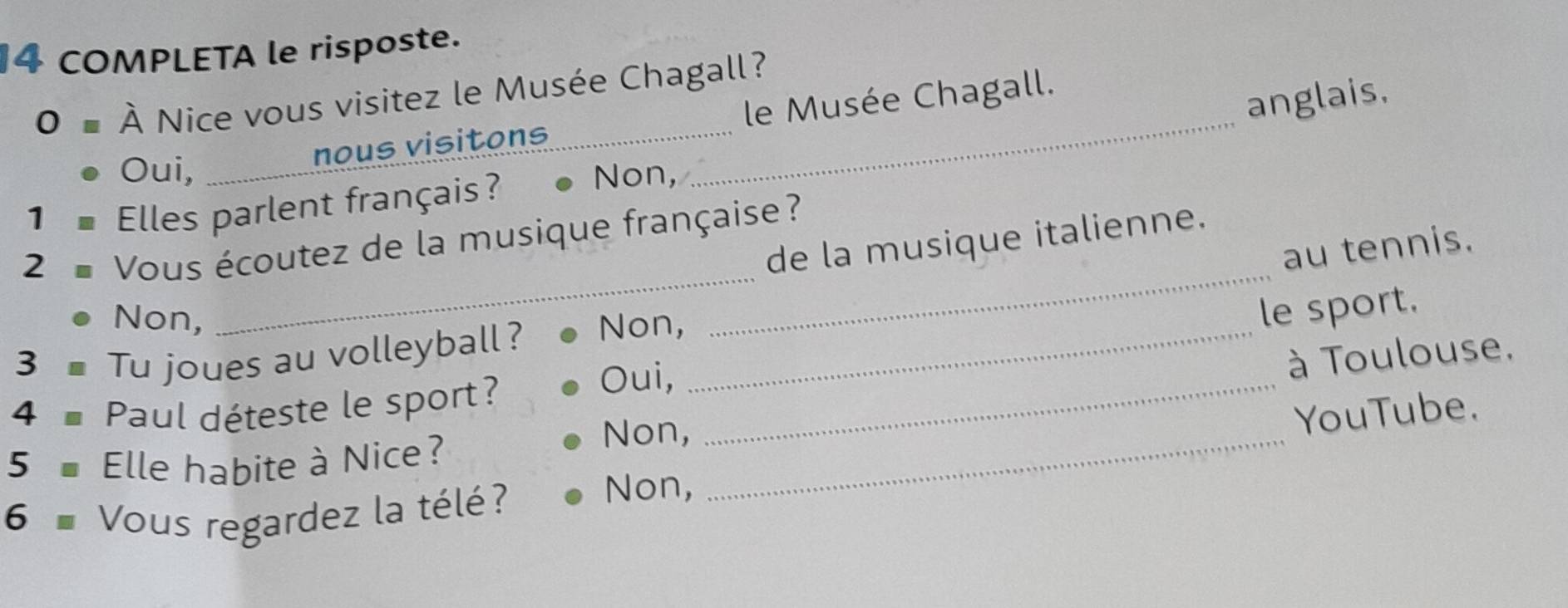 COMPLETA le risposte.
0 À Nice vous visitez le Musée Chagall?
Oui,
_nous visitons _le Musée Chagall.
anglais.
1 Elles parlent français ? Non,
_
2 Vous écoutez de la musique française?
de la musique italienne.
au tennis.
Non,
3 Tu joues au volleyball ? Non,_
_
le sport.
à Toulouse.
4 Paul déteste le sport?_
Oui,
5 Elle habite à Nice?_
Non,
YouTube.
6 . Vous regardez la télé?
Non,