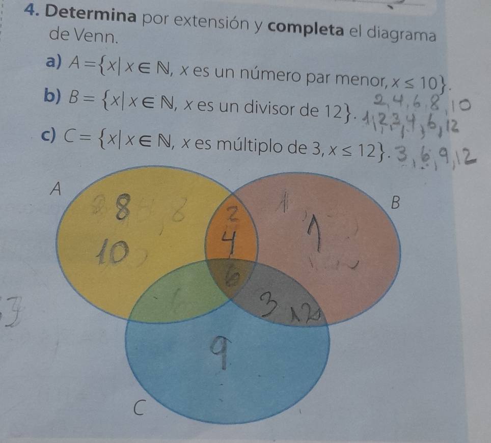 Determina por extensión y completa el diagrama 
de Venn. 
a) A= x|x∈ N , x es un número par menor, x≤ 10. 
b) B= x|x∈ N , x es un divisor de 12. 
c) C= x|x∈ N , x es múltiplo de 3,x≤ 12.