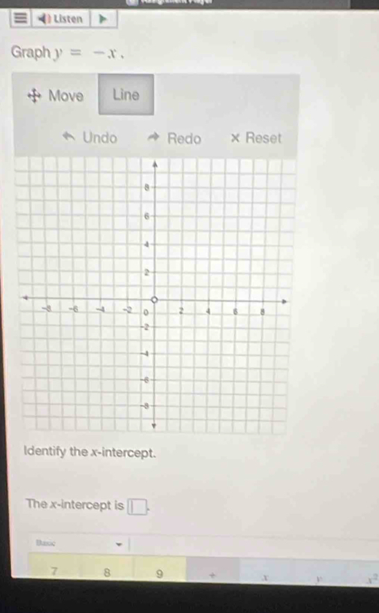 Listen 
Graph y=-x, 
Move Line 
Undo Redo × Reset 
ldentify the x-intercept. 
The x-intercept is □ . 
Baxic
7 8 9 + x
x^2