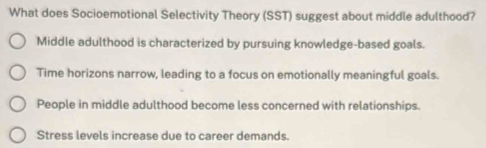 Solved: What does Socioemotional Selectivity Theory (SST) suggest about ...