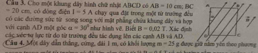 Cầu 3. Cho một khung dây hình chữ nhật ABCD có AB=10cm; BC
=20cm , có dông điện I=5A chạy qua đặt trong một từ trường đều 
có các đường sức từ song song với mặt phẫng chứa khung dây và hợp 
với cạnh AD một góc alpha =30° như hình vẽ. Biết B=0.02T Xác định 
các véc tơ lực từ do từ trường đều tác dụng lên các cạnh AB và AD. 
Câu 4. Một dây dẫn thăng, cứng, dài 1 m, có khối lượng m=25g