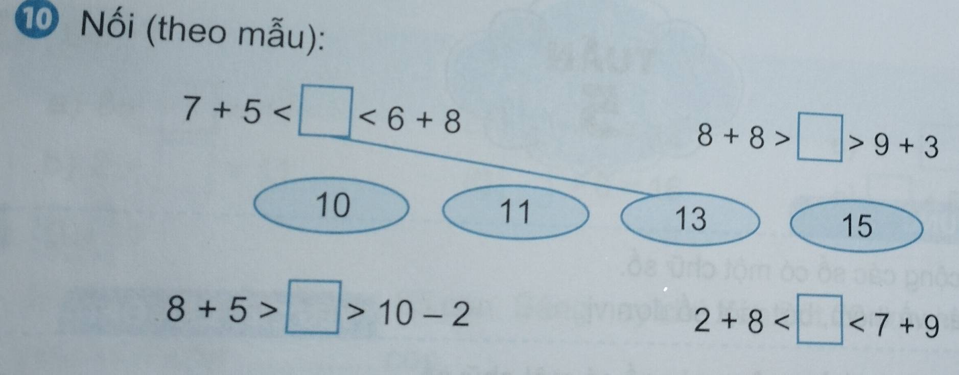 ⑩ Nối (theo mẫu):
7+5 <6+8
8+8>□ >9+3
10
11
13
15
8+5>□ >10-2
2+8 <7+9