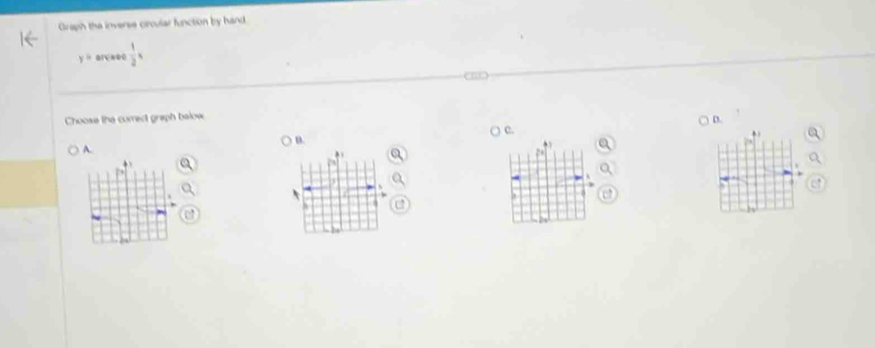 Graph the inverse circular function by hand
y°  1/2 
Choose the correct graph balow 
D. 
C 
D. 
A. 
. 
 Y