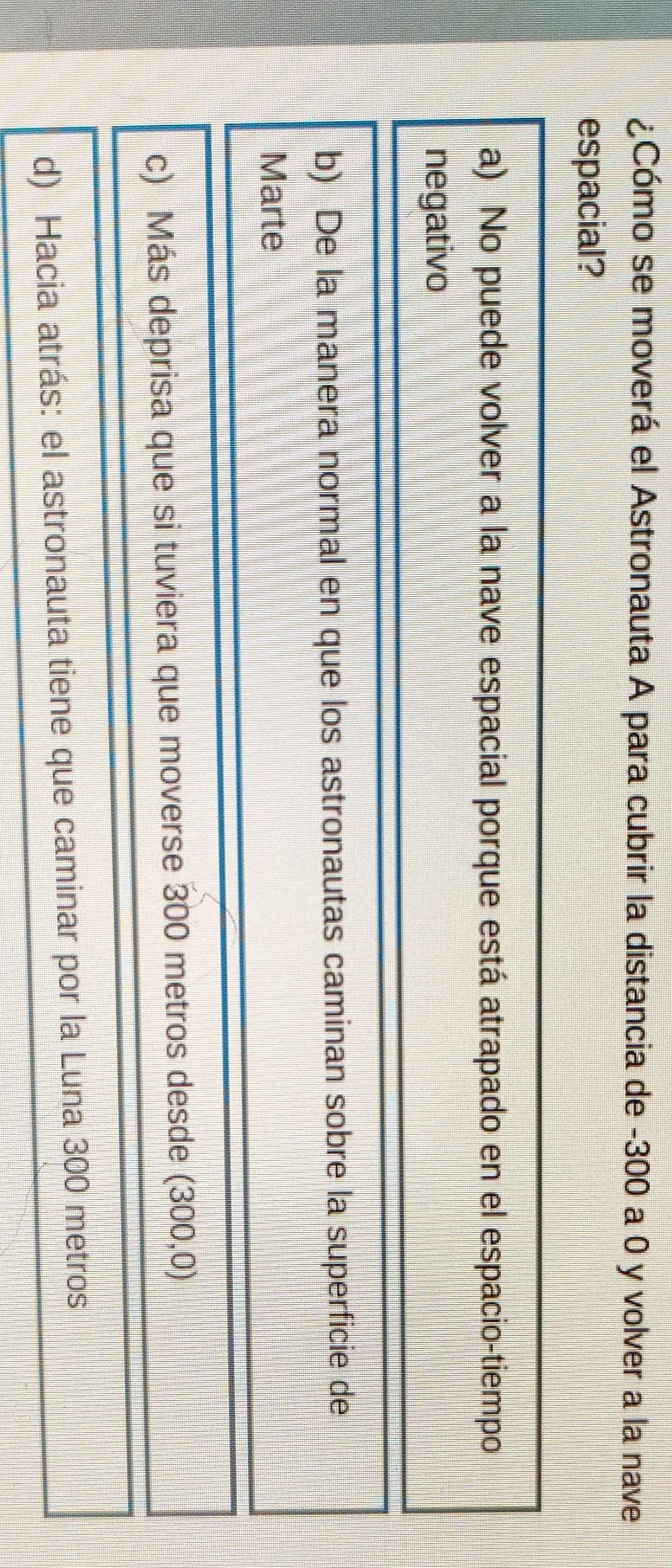 ¿Cómo se moverá el Astronauta A para cubrir la distancia de -300 a 0 y volver a la nave
espacial?
a) No puede volver a la nave espacial porque está atrapado en el espacio-tiempo
negativo
b) De la manera normal en que los astronautas caminan sobre la superficie de
Marte
c) Más deprisa que si tuviera que moverse 300 metros desde (300,0)
d) Hacia atrás: el astronauta tiene que caminar por la Luna 300 metros