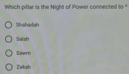 Which pillar is the Night of Power connected to *
Shahadah
Salah
Sawm
Zakah