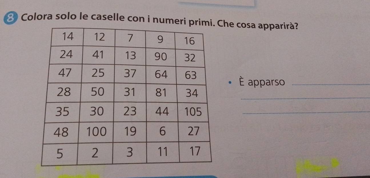 Colora solo le caselle con i numeri pChe cosa apparirà? 
É apparso_ 
_ 
_