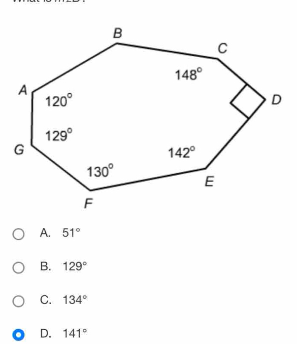 A. 51°
B. 129°
C. 134°. D. 141°