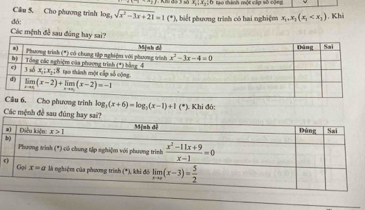 10+1. Khi đo 3 số x_1;x_2;6 tao thành một cáp số cộng
Câu 5. Cho phương trình log _5sqrt(x^2-3x+21)=1(*) , biết phương trình có hai nghiệm x_1,x_2(x_1 . Khi
đỏ:
Các mệnh đề sau đủng 
trình log _3(x+6)=log _3(x-1)+1(*). Khi đó:
Các mệnh đề sau đúng hay sai?
c