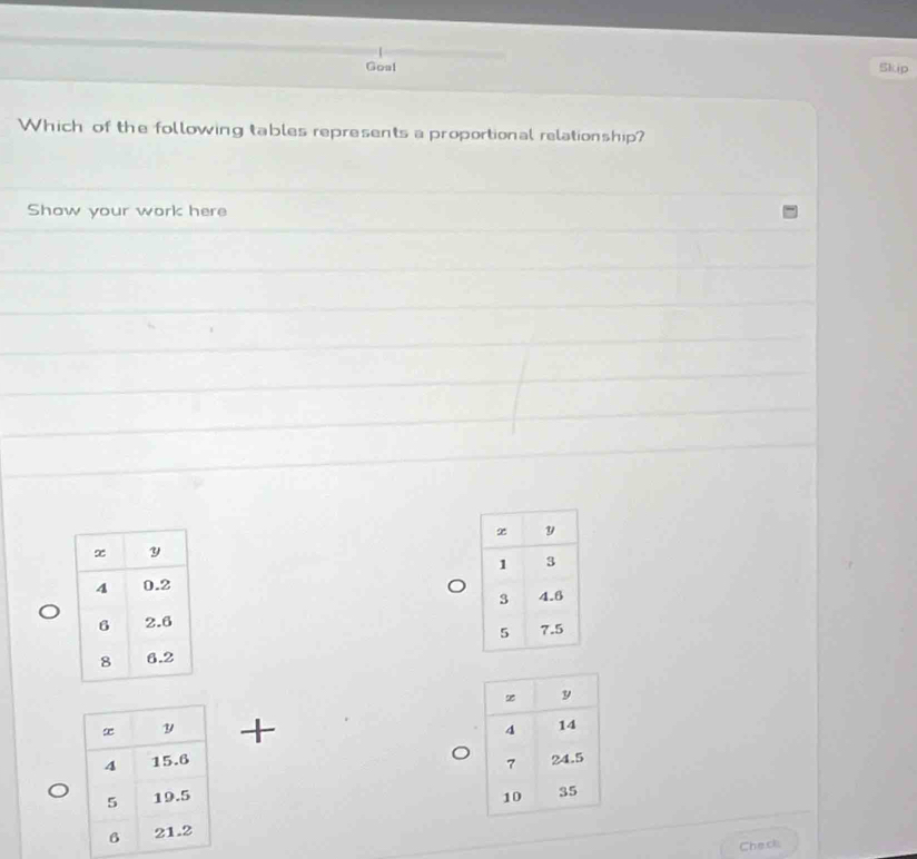 Goal 
Skip 
Which of the following tables represents a proportional relationship? 
Show your work here 


+ 


Check