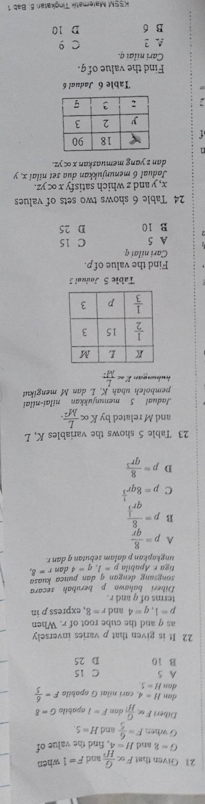 Given that F x G/H^2  and F=1 when
G=8 and H=4 , find the value of 
G when F= 6/5  and H=5
Diberi F∝  G/H^2  dan F=1 apabila G=8
dan H=4. cari nilai G apabila F= 6/5 
dan H=5.
A 5 C 15
B 10 D 25
22 It is given that p varies inversely
as q and the cube root of r. When
p=1,q=4 and r=8 , express p in
terms of g and r.
Diberi bahawa p berubah secara
songsang dengan q dan punca kuasa
tiga r. Apabila p=1,q=4d an r=8,
ungkapkan p dalam sebutan q dan r.
A p= 8/qr 
B p=frac 8qr^(frac 1)3
C p=8qr^(frac 1)3
D p= 8/qr^3 
23 Table 5 shows the variables K, L
and Mrelated by Kalpha  L/M^2 .
Jadual 5 menunjukkan nilai-nilai
pemboleh ubah K, L dan M mengikut
hubungan K∈fty  L/M^2 
Table 5 Jadual 5
Find the value of p.
Cari nilai q.
A 5 C 15
B 10 D 25
24 Table 6 shows two sets of values
x, y and z which satisfy x ∝ yz.
Jadual 6 menunjukkan dua set nilai x, y
dan z yang memuaskan x ∝yz.
Table 6 Jadual 6
Find the value of g.
Cari nilai q.
A 3 c 9
B 6 D 10
KSSM Matemalik Tingkatan 5: Bab 1