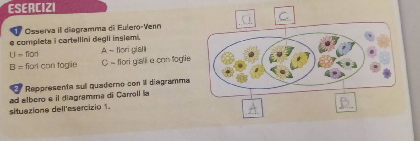 ESERCIZI 
Osserva il diagramma di Eulero-Venn 
e completa i cartellini degli insiemi.
A=
U= fiori fiori gialli
B= fiori con foglie C= fiori gialli e con foglie 
2 Rappresenta sul quaderno con il diagramma 
ad albero e il diagramma di Carroll la 
situazione dell'esercizio 1.