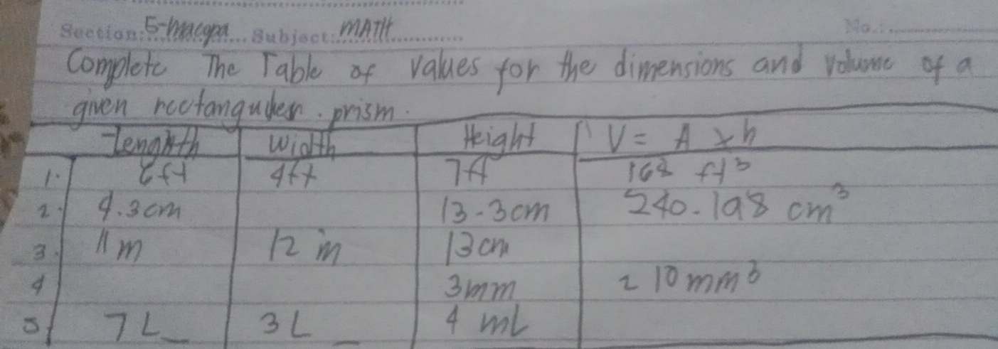 5-macgpea _mAnt
_
complete The Table of values for the dimensions and volume of a