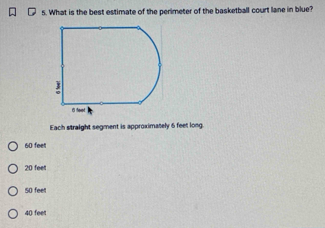 What is the best estimate of the perimeter of the basketball court lane in blue?
Each straight segment is approximately 6 feet long.
60 feet
20 feet
50 feet
40 feet