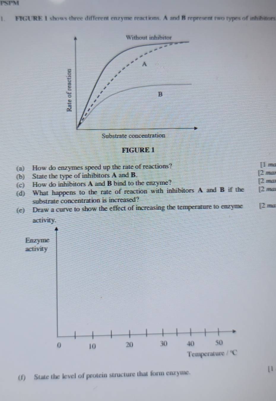 PSPM
1. FIGURE I shows-three different enzyme reactions. A and B represent two types of inhibitors
FIGURE 1
(a) How do enzymes speed up the rate of reactions? [1 ma
(b) State the type of inhibitors A and B. [2 mar
(c) How do inhibitors A and B bind to the enzyme? [2 mai
(d) What happens to the rate of reaction with inhibitors A and B if the [2 ma
substrate concentration is increased?
(e) Draw a curve to show the effect of increasing the temperature to enzyme [2 ma
(f) State the level of protein structure that form enzyme.
[1