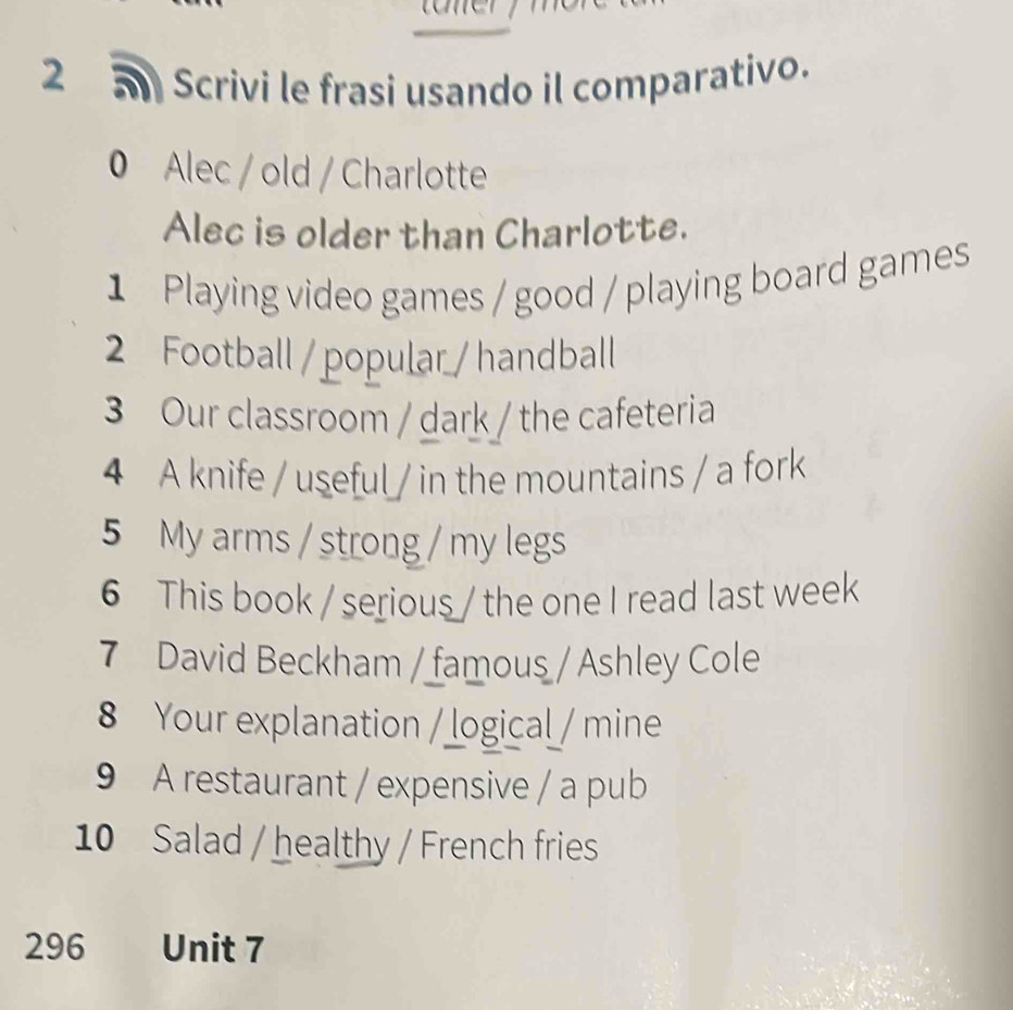 Scrivi le frasi usando il comparativo. 
0 Alec / old / Charlotte 
Alec is older than Charlotte. 
1 Playing video games / good / playing board games 
2 Football / popular / handball 
3 Our classroom / dark / the cafeteria 
4 A knife / useful / in the mountains / a fork 
5 My arms / strong / my legs 
6 This book / serious / the one I read last week 
7 David Beckham / famous / Ashley Cole 
8 Your explanation / logical / mine 
9 A restaurant / expensive / a pub 
10 Salad / healthy / French fries 
296 Unit 7