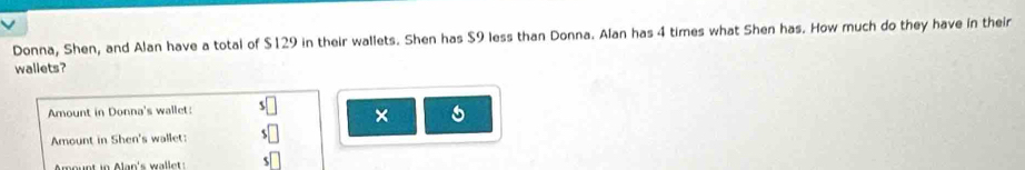 Donna, Shen, and Alan have a total of $129 in their wallets. Shen has $9 less than Donna. Alan has 4 times what Shen has. How much do they have in their 
wallets? 
Amount in Donna's wallet 
× 
Amount in Shen's wallet: s□ 
A m ount in Alan's w ale :