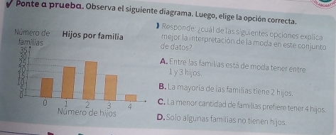 Ponte a prueba. Observa el siguiente diagrama. Luego, elige la opción correcta.
Responde: ¿cuál de las siguientes opciones explica
de datos? mejor la interpretación de la moda en este conjunto
A. Entre las familias está de moda tener entre
1 y3 hijos.
B. La mayoría de las familias tiene 2 hijos.
C. La menor cantidad de familias prefiere tener 4 hijos.
D. Solo algunas familias no tienen hijos.